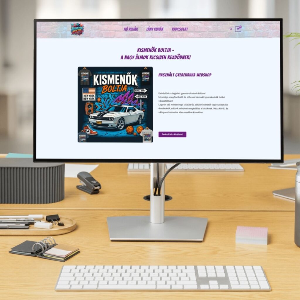 Asztalon elhelyezett monitoron egy használtruha webshop nyitóoldala látható – illusztráció Hajdú-Bihar megyei vállalkozások számára készített modern weboldalról.