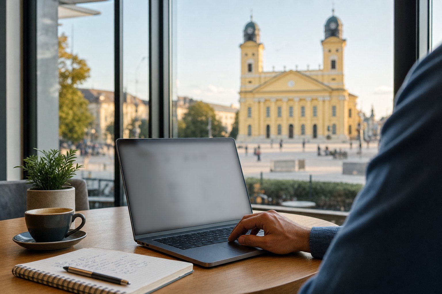 Debreceni vállalkozó a laptopjánál, az ablakon át a Nagytemplommal