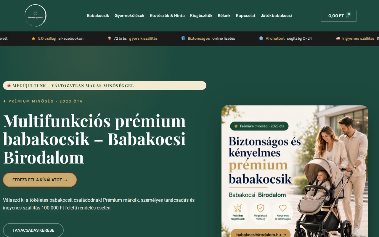Webshop készítés: a Babakocsi Birodalom prémium babakocsi webáruházának nyitóoldala asztali nézetben