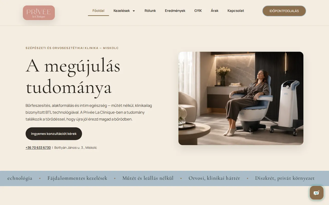 Weboldal készítés esztétikai klinikának: a Privée La Clinique miskolci szépészeti klinika weboldala