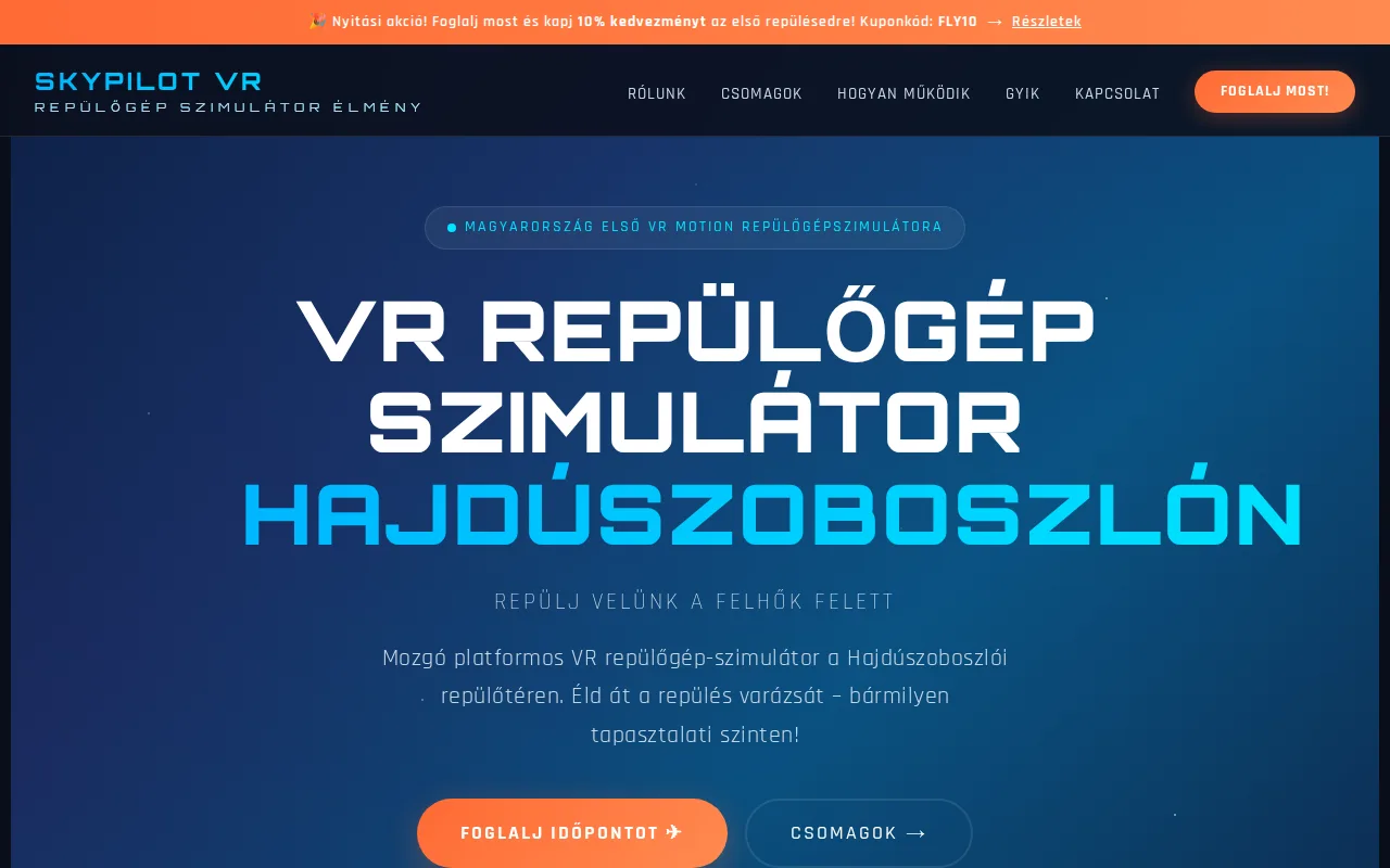 Weboldal készítés referencia: Skypilot VR repülőgép-szimulátor foglalással