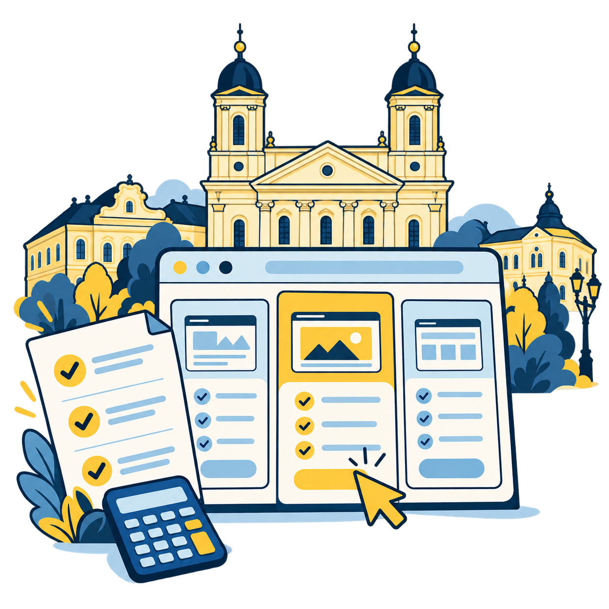 Weboldalcsomagok, ajánlati lap és számológép a debreceni Nagytemplom játékos illusztrációjával
