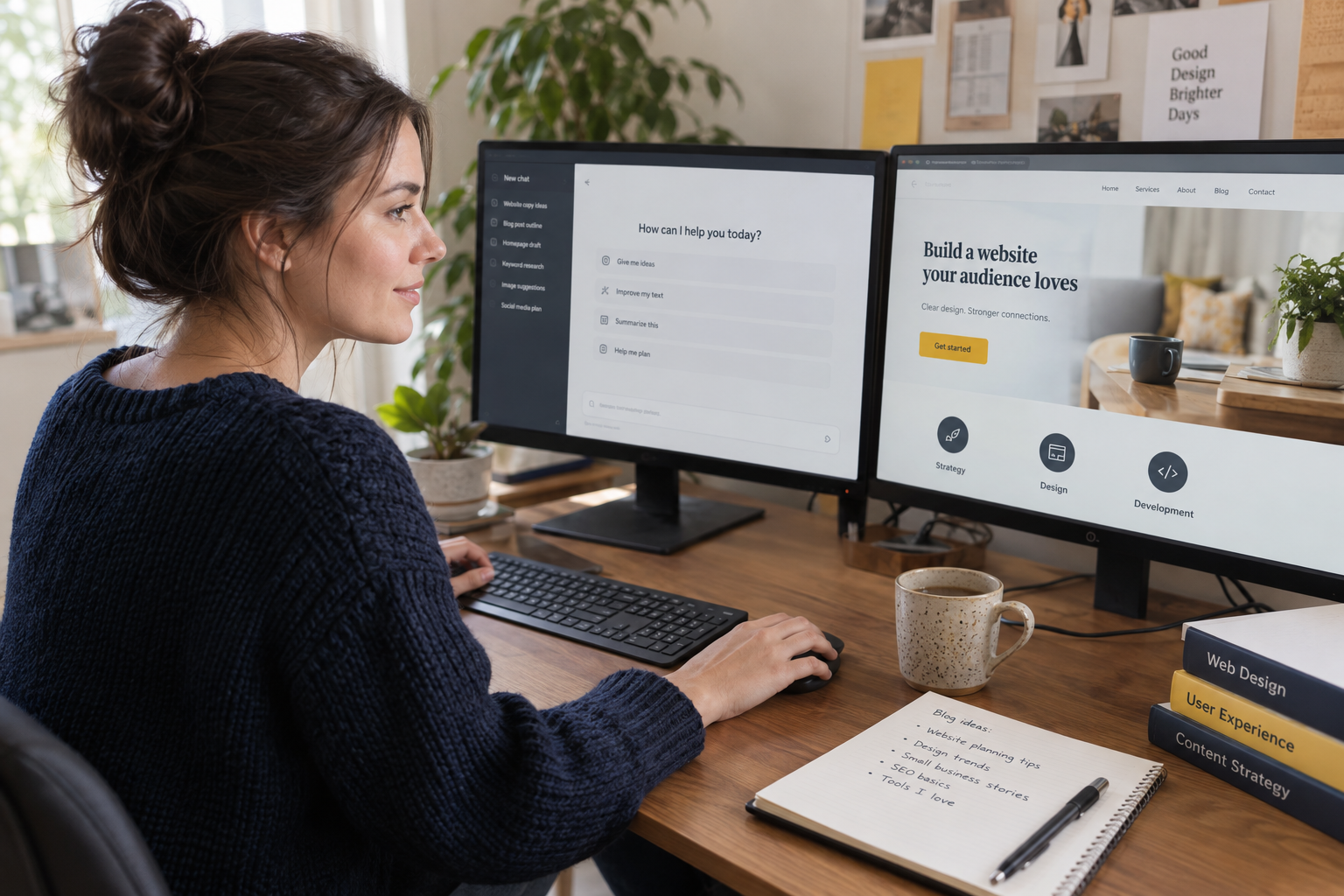 Fotórealisztikus illusztráció: AI-asszisztens és weboldalterv két monitoron