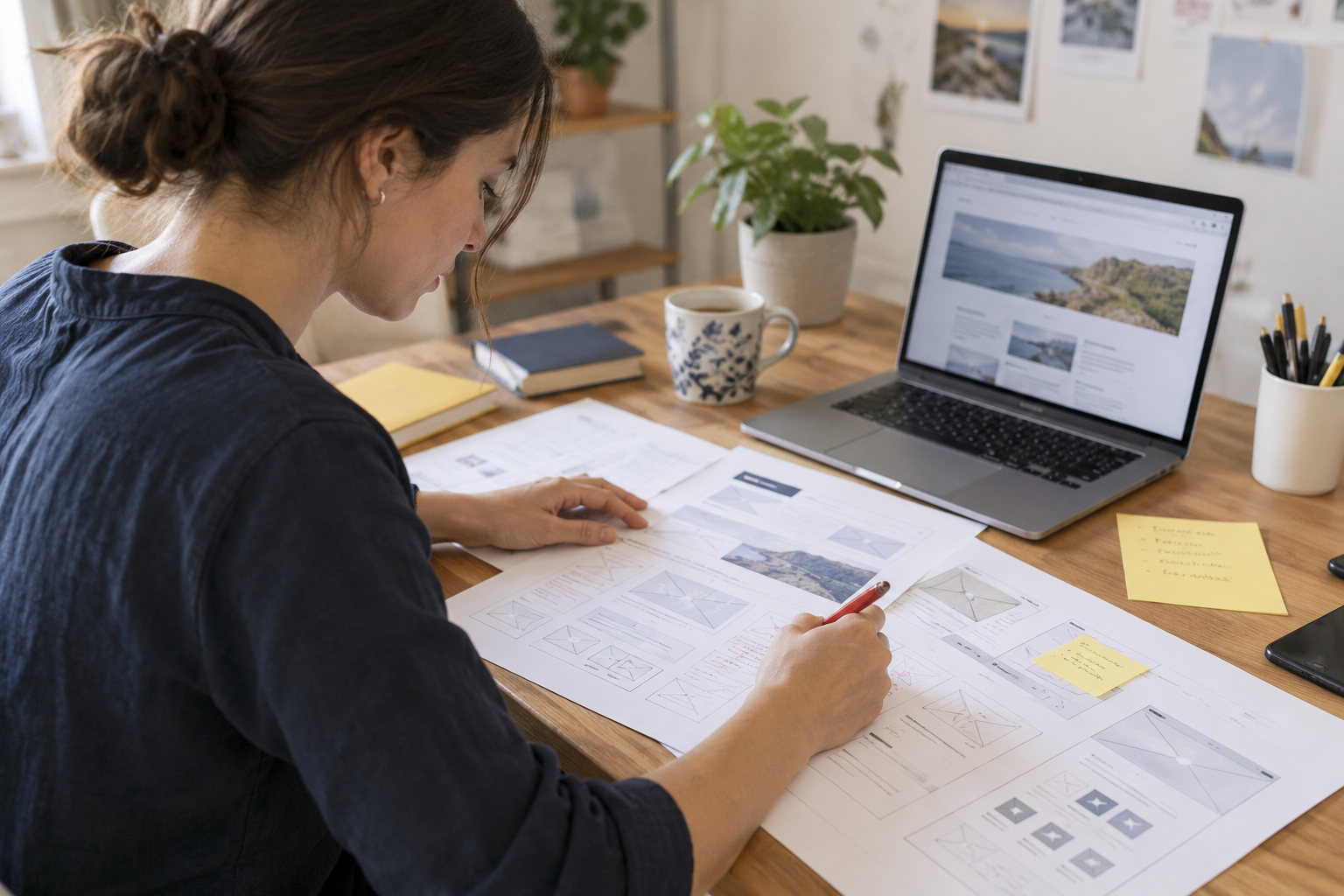 Fotórealisztikus illusztráció: Weboldaltervet piros ceruzával ellenőrző tervező