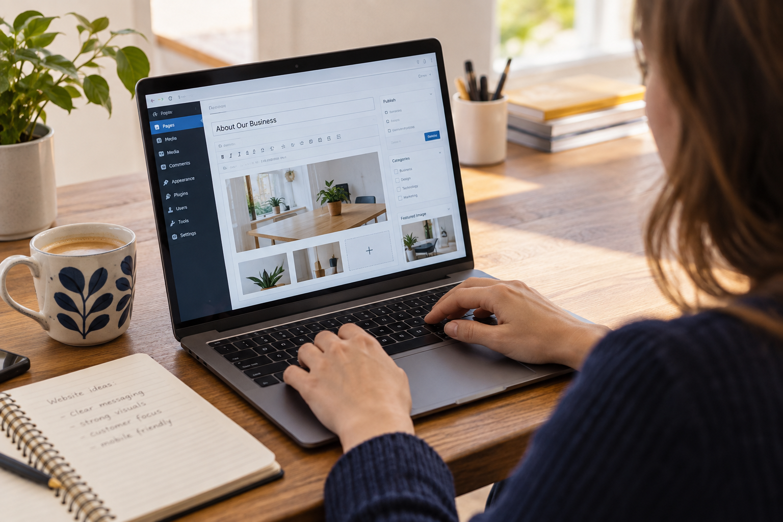 Fotórealisztikus illusztráció: Weboldal tartalmának szerkesztése laptopon