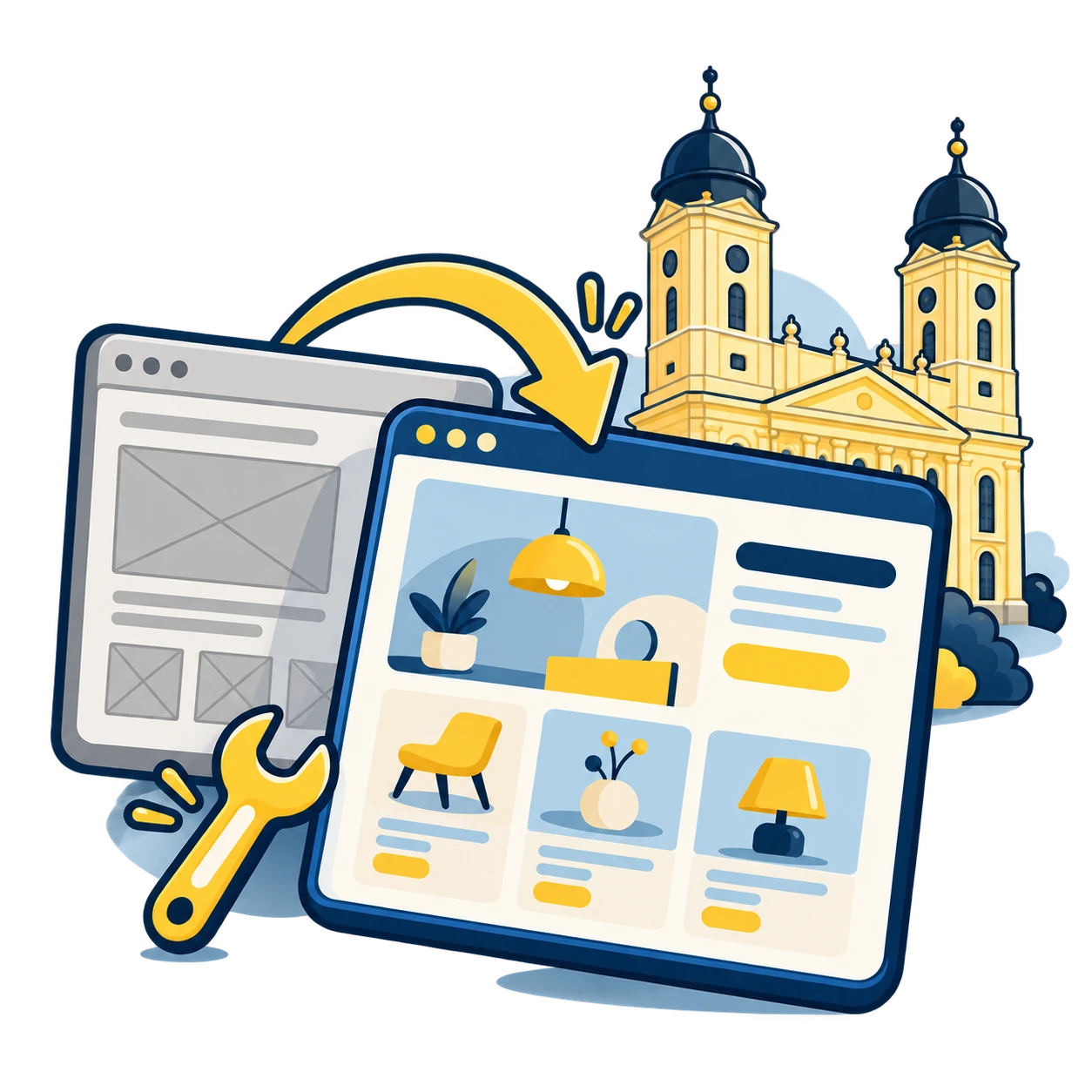 Weboldal felújítás Debrecenben: egyedi Cívis Pop illusztráció a szolgáltatásról és a Nagytemplomról