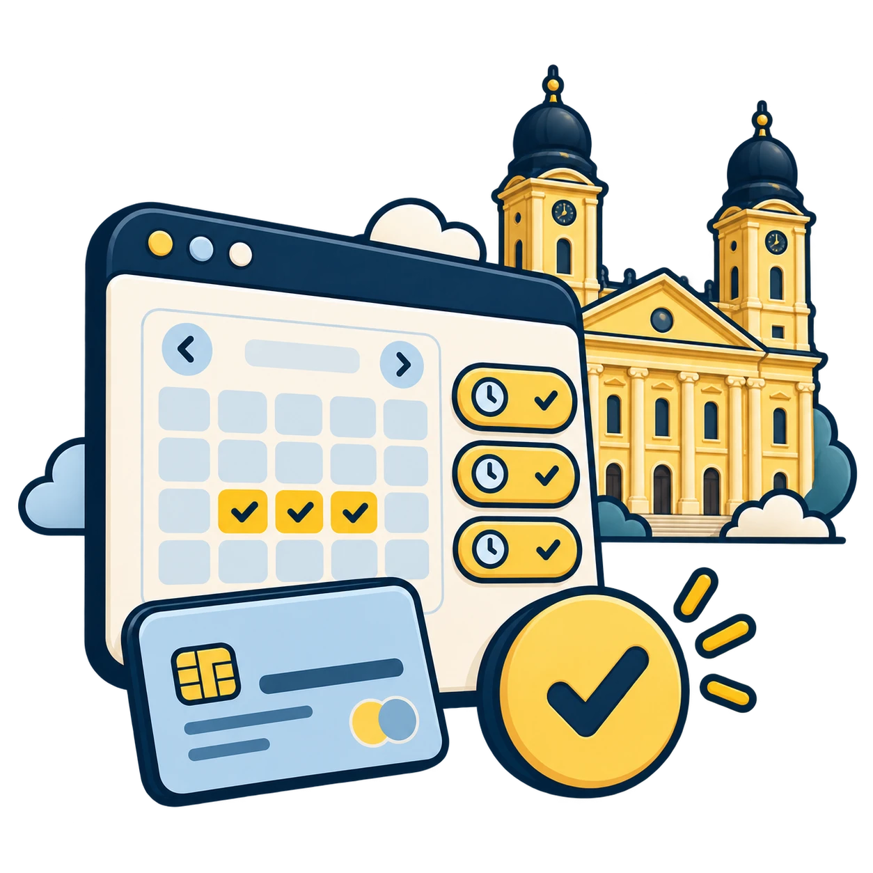 Foglalás és online fizetés Debrecenben: egyedi Cívis Pop illusztráció a szolgáltatásról és a Nagytemplomról