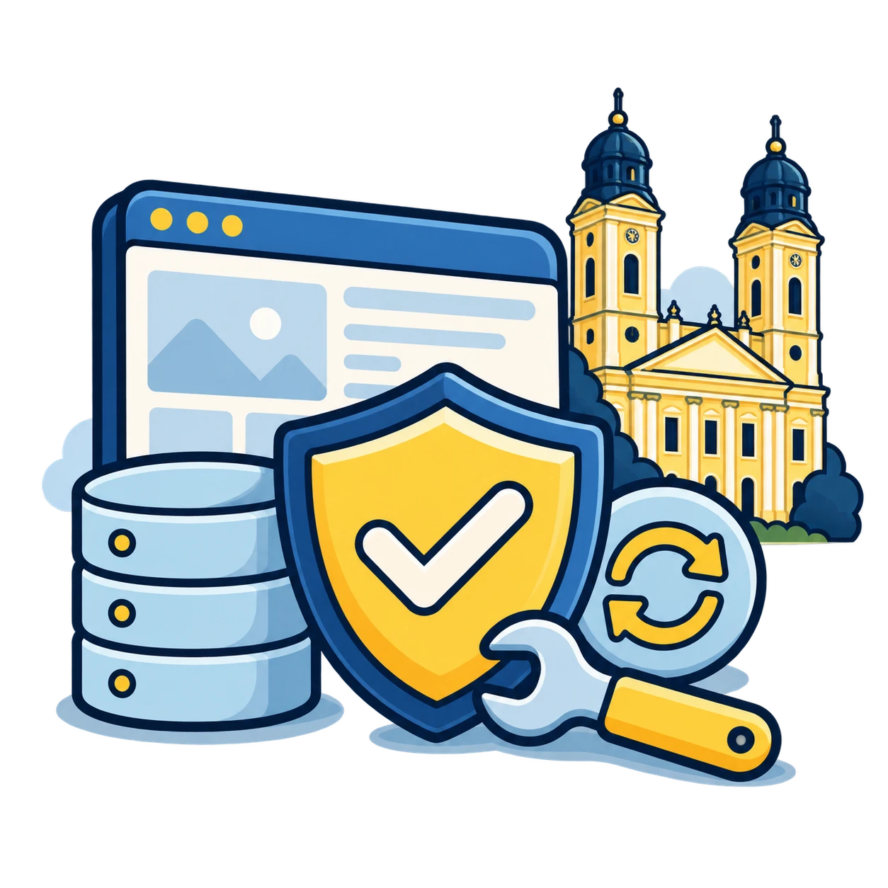 WordPress-karbantartás Debrecenben: egyedi Cívis Pop illusztráció a szolgáltatásról és a Nagytemplomról