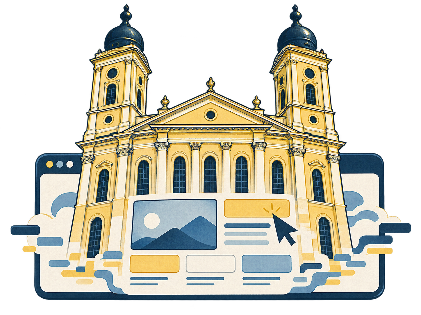 A debreceni Nagytemplom játékos rajza weboldalépítéssel, böngészőkerettel és kurzorral