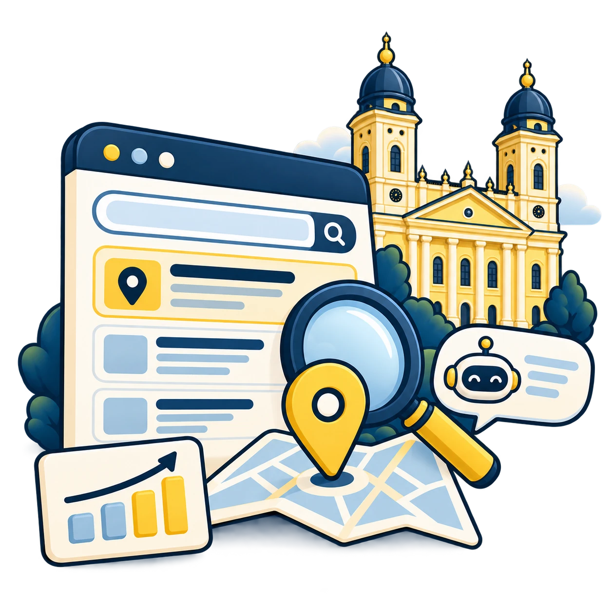 Keresőoptimalizálás: SEO + AI Debrecenben: egyedi Cívis Pop illusztráció a szolgáltatásról és a Nagytemplomról