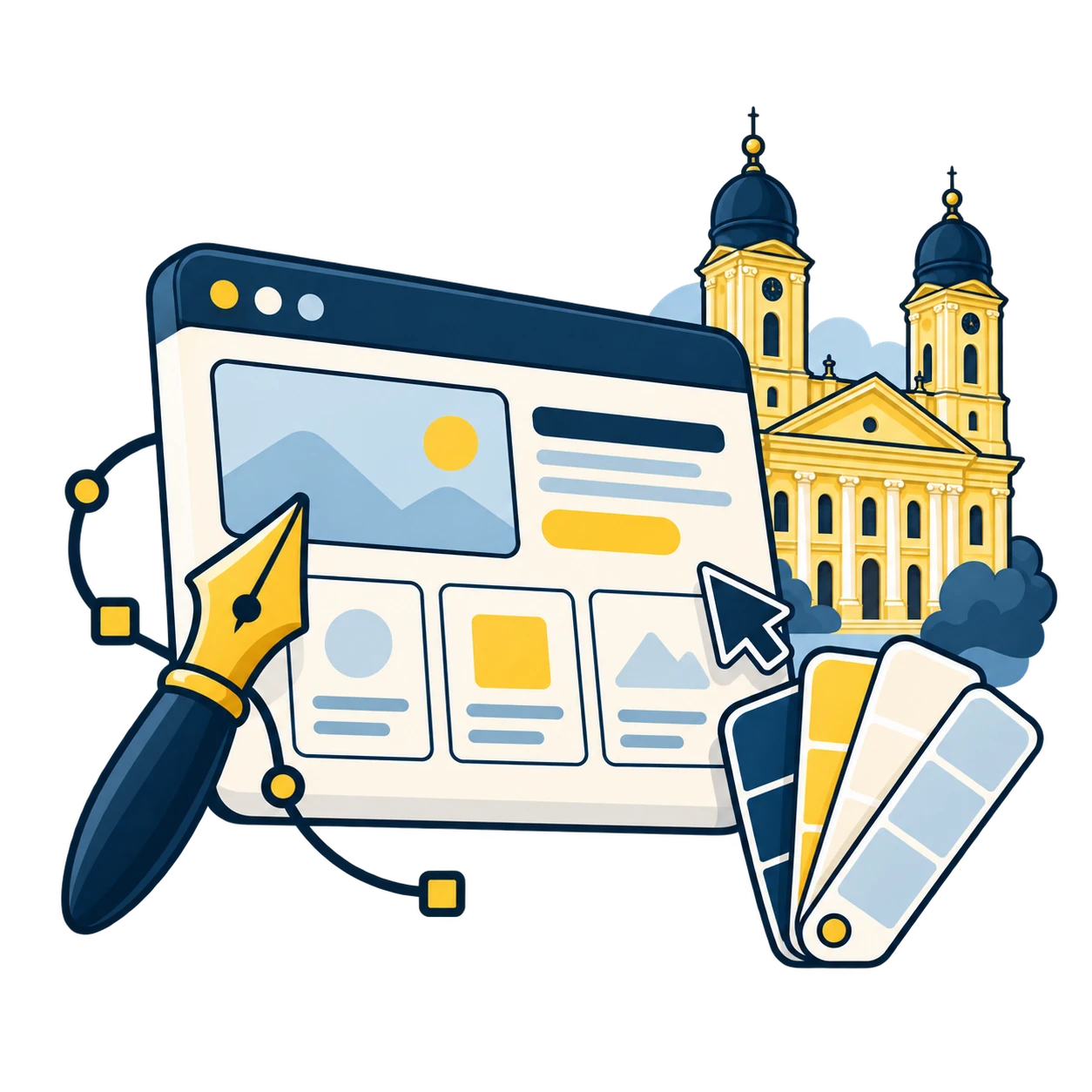 Egyedi webdesign és fejlesztés Debrecenben: egyedi Cívis Pop illusztráció a szolgáltatásról és a Nagytemplomról