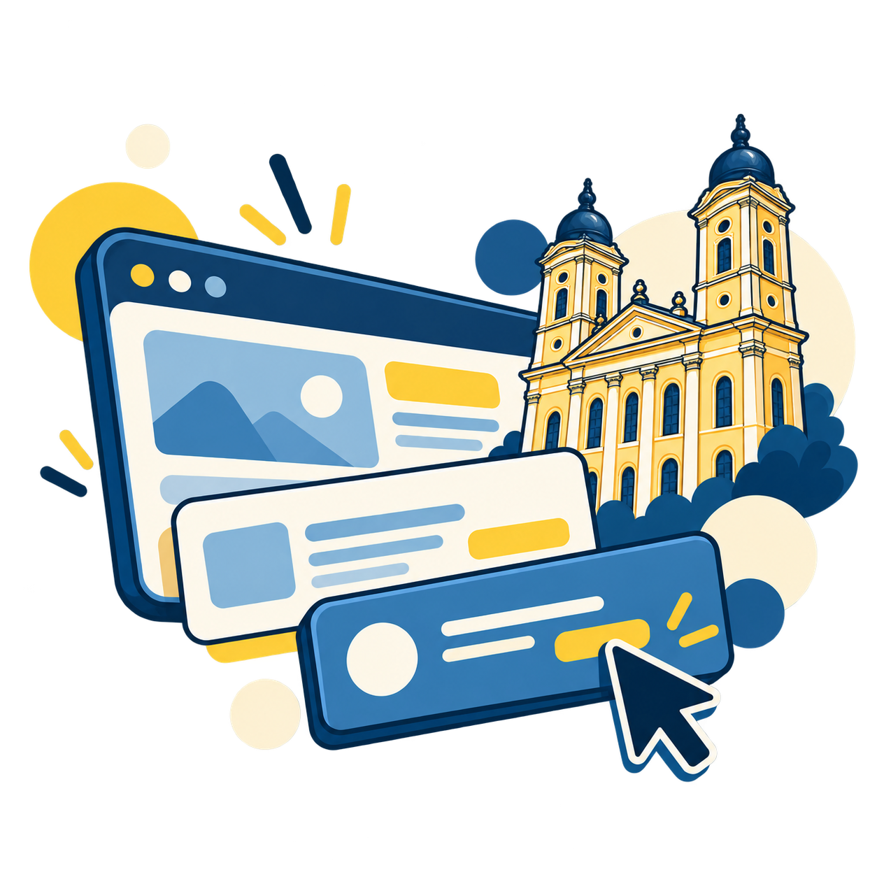 Weboldalépítés és Debrecen játékos illusztrációja: chatbot, időpontfoglalás és hírlevél egy weboldalon