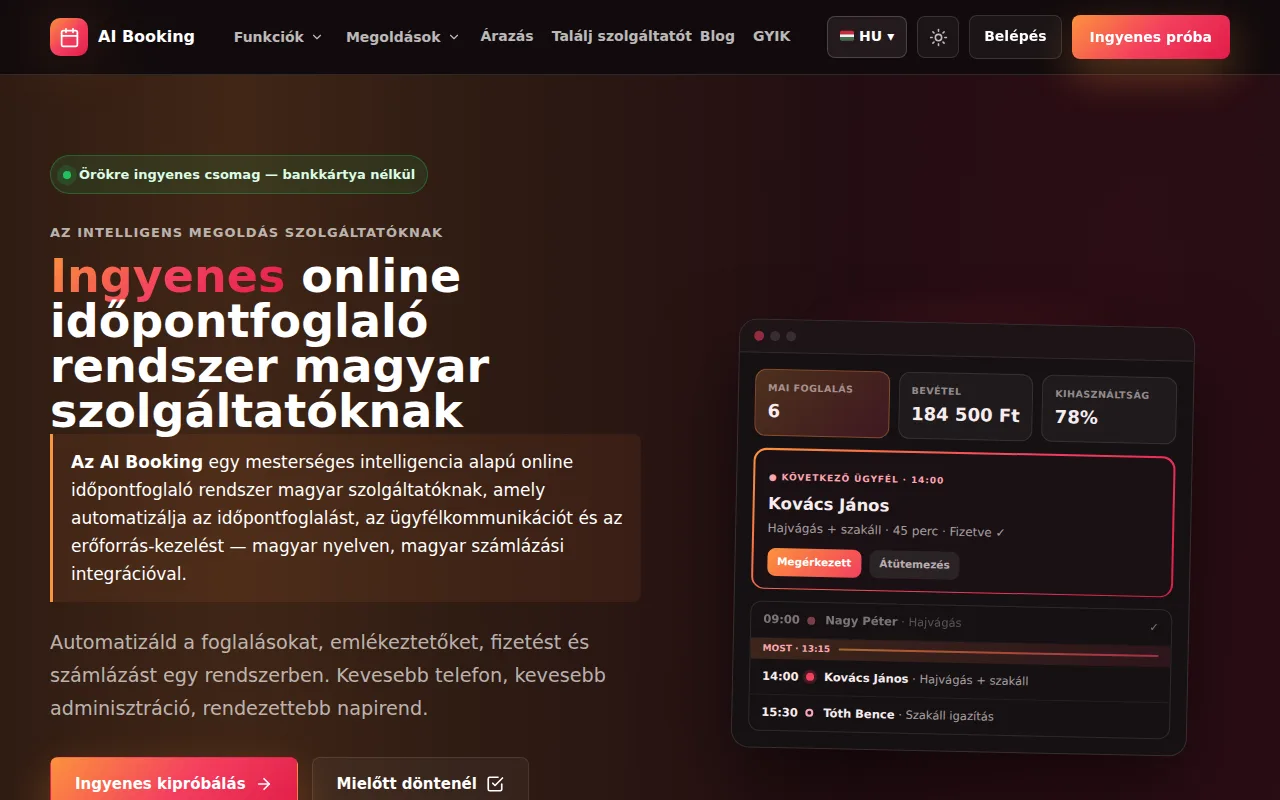 AI Booking weboldala – asztali nézet