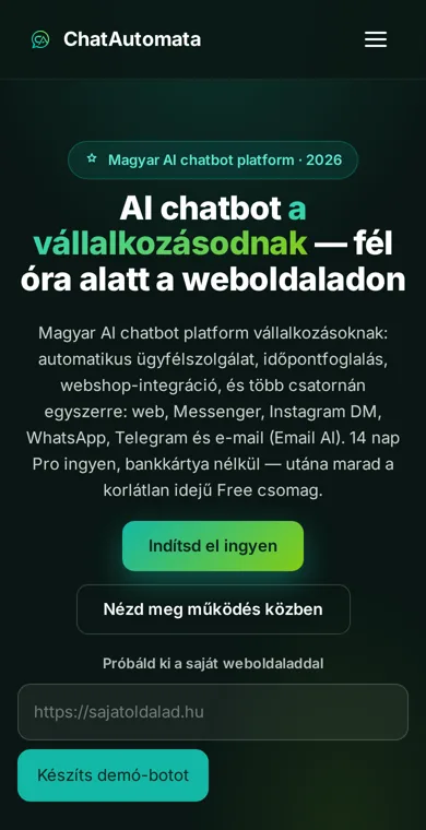 ChatAutomata weboldala – mobilnézet