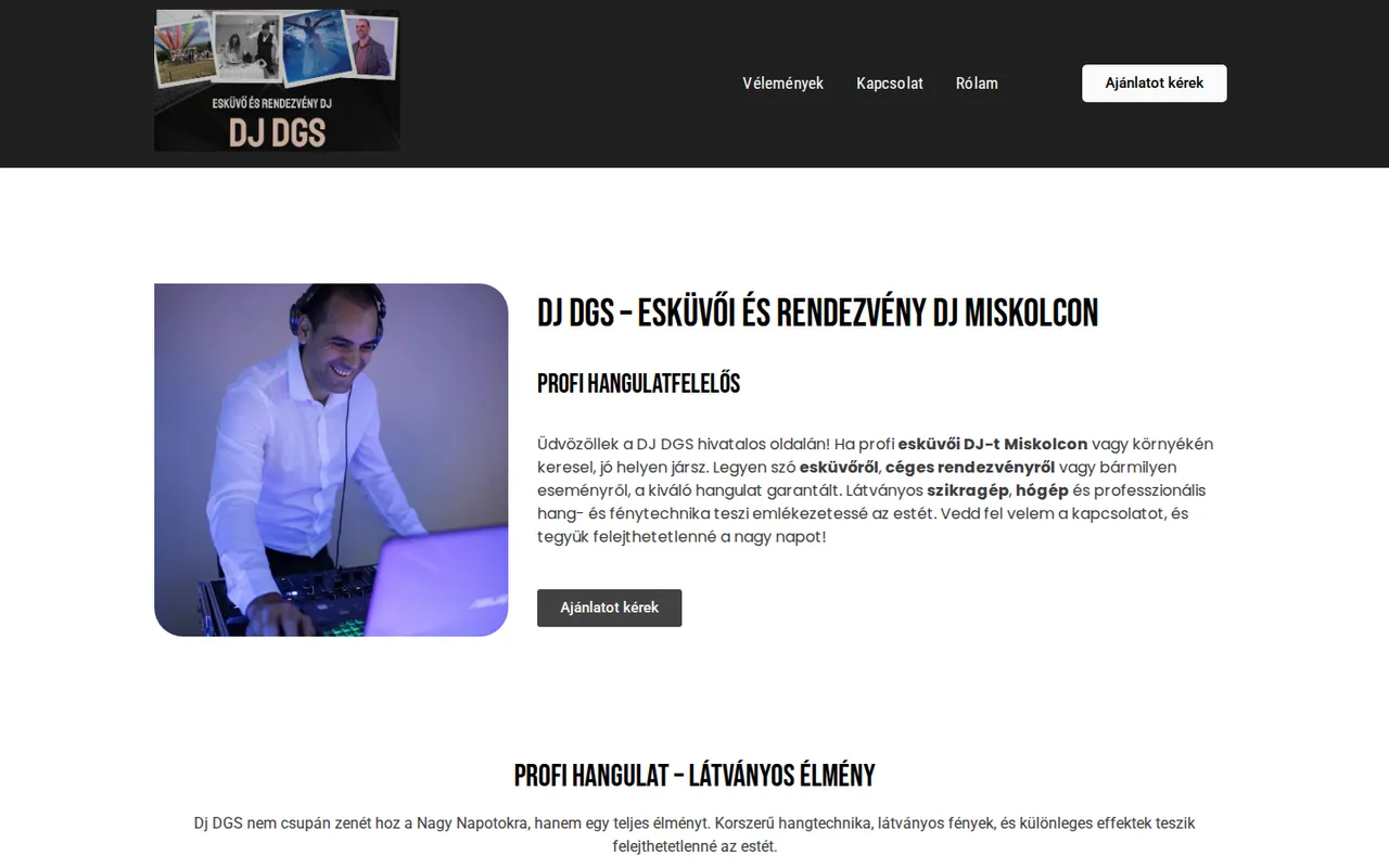 DJ DGS weboldala – asztali nézet