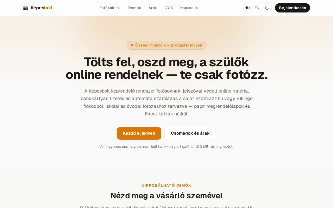 Képesbolt weboldala – asztali nézet