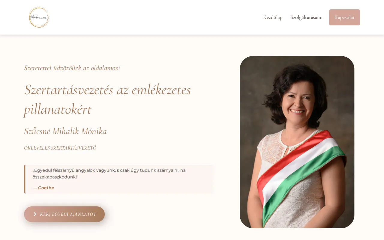 Mihalik Mónika weboldala – asztali nézet