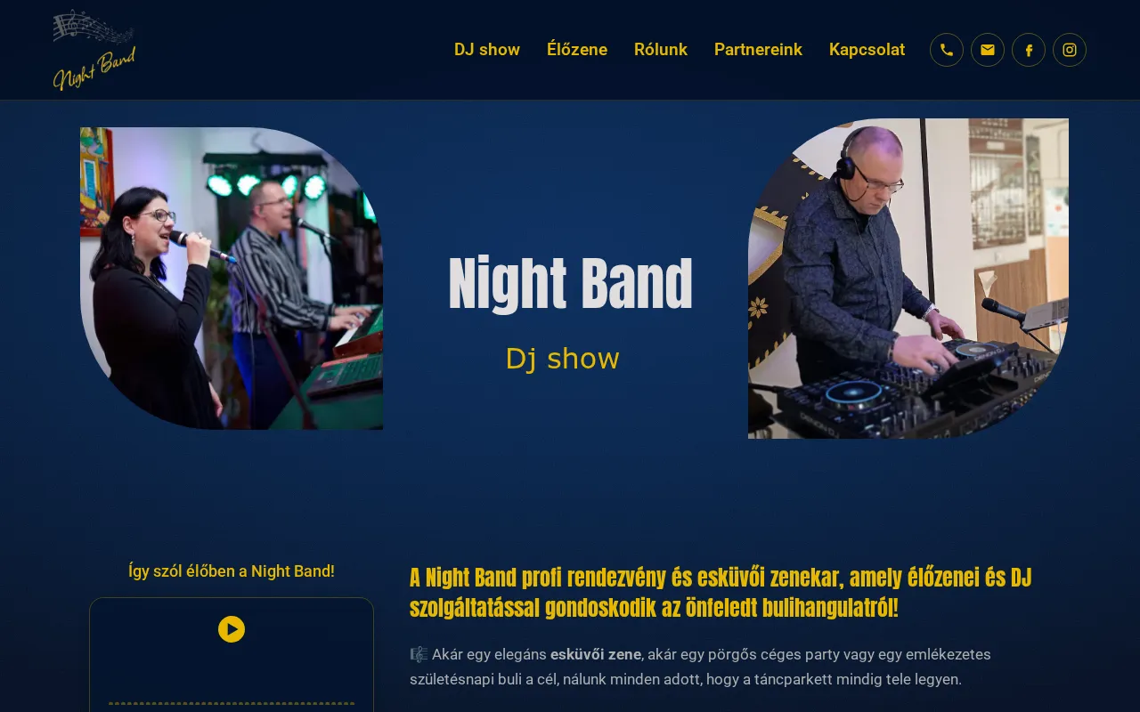 Night Band weboldala – asztali nézet