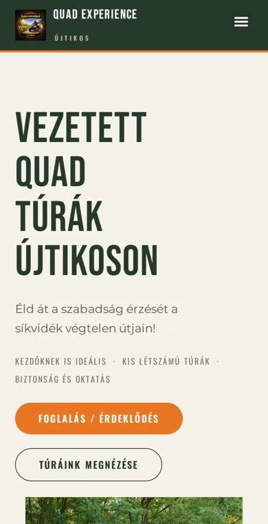 Quad Experience weboldala – mobilnézet