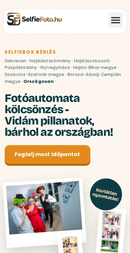 SelfieFoto weboldala – mobilnézet