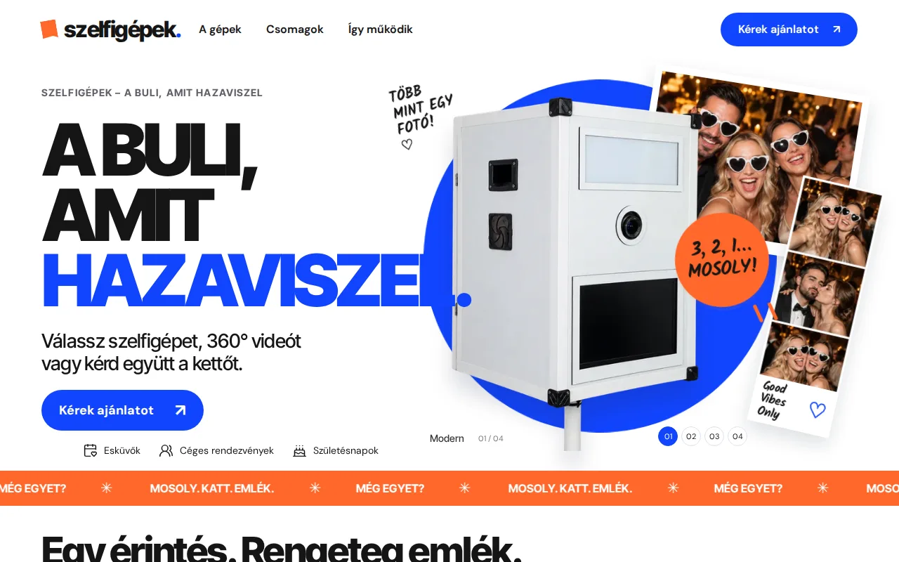 Szelfigépek weboldala – asztali nézet